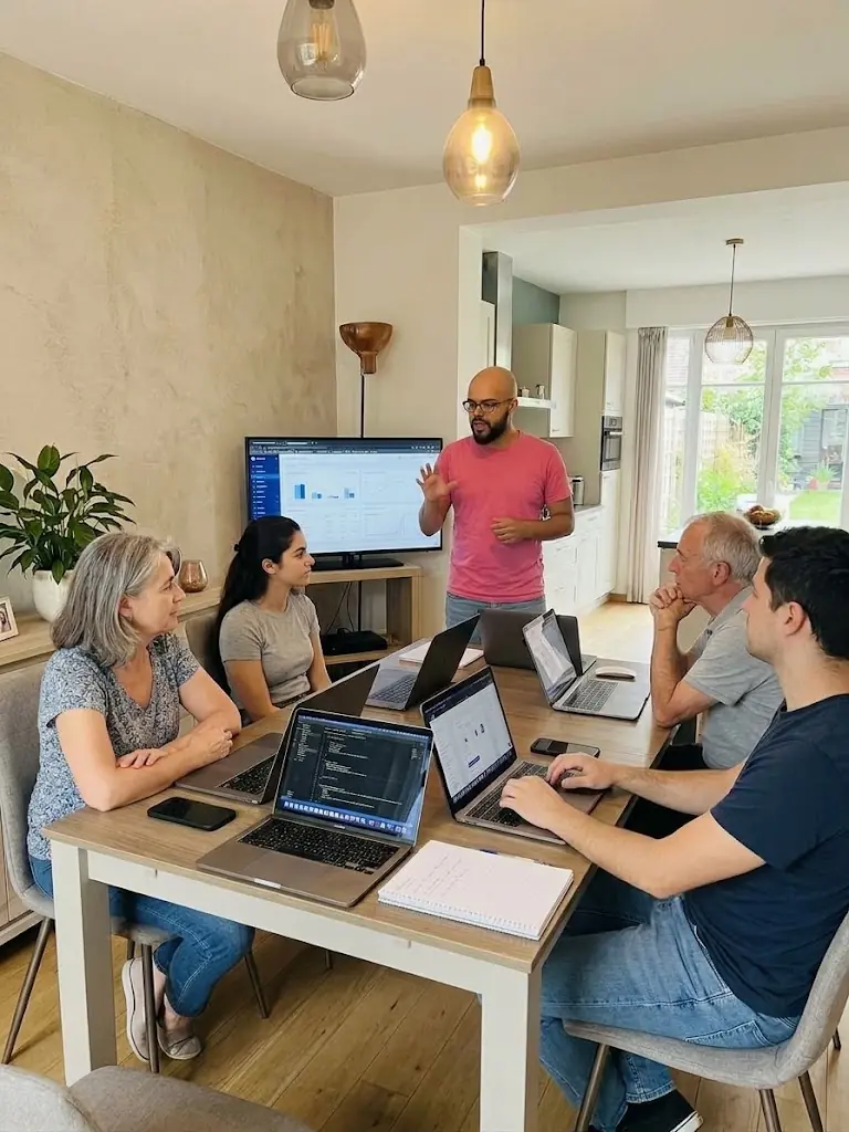 Un formateur explique, devant un écran, à quatre participants installés autour d'une table avec leurs ordinateurs portables